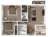 Elegant 3D floor plan showcasing 2 spacious bedrooms, a cozy living room, modern kitchen, and 2 bathrooms with balcony access.