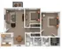 Modern 3D floor plan showcasing two spacious bedrooms, a cozy living room, a fully-equipped kitchen, dining area, and twin bathrooms.
