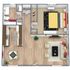 Chic floor plan with a spacious bedroom, stylish open-concept living and dining area, and a modern kitchen layout.
