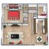 Contemporary 2D floor plan showcasing a spacious one-bedroom layout with open living and dining area, cozy kitchen, and stylishly decorated interiors.
