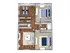 Charming floor plan showcasing 2 cozy bedrooms, elegant living room, modern open kitchen, and inviting dining area with warm wood flooring.