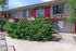 Charming apartment exterior with vibrant red doors, inviting outdoor staircase, and lush greenery, offering a cozy living environment.