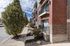 Charming urban apartment facade with brick exterior and elegant balconies, complemented by a tree-lined sidewalk under a blue sky.