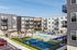 Modern apartment complex featuring a vibrant courtyard with swimming pool and sports court, surrounded by sleek balconies.