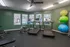 Modern fitness room with treadmills, exercise bikes, and colorful stability balls, featuring a calming green wall and ceiling fan.