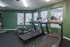 Modern gym with treadmills and green accent walls, featuring large windows for natural light.