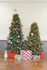Festive room with two beautifully decorated Christmas trees adorned with vibrant ornaments and surrounded by colorful wrapped presents.