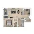 Modern 2D floor plan showcasing a spacious 1-bedroom apartment with an open-concept living area, stylish kitchen, and private balcony.