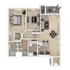Modern floor plan featuring two cozy bedrooms, a spacious living area, sleek kitchen with island, two bathrooms, and a private balcony.