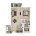 Contemporary floor plan featuring one bedroom, an elegant living room with balcony access, and a modern kitchen and dining area.