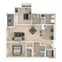 Modern 3D floor plan boasting 2 bedrooms, a spacious living area, sleek kitchen, and a private balcony, offering a perfect blend of comfort and style.