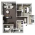 Modern 3D floor plan featuring two bedrooms, open-concept living and dining area, and a contemporary kitchen layout.
