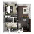 Modern floor plan showcasing a spacious one-bedroom apartment with a cozy living area, chic kitchen with bar seating, and a sleek bathroom layout.
