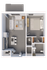 Contemporary 3D floor plan showcasing a spacious 1-bedroom apartment with an open living area and modern kitchen.