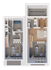 Modern two-story apartment floor plan featuring a spacious living room, sleek kitchen with island, cozy bedroom, and bonus storage space.