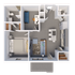 Modern apartment floor plan featuring a spacious bedroom, contemporary kitchen with island, cozy living area, and two bathrooms.