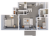Modern apartment floor plan featuring a spacious bedroom, open living area, sleek kitchen with island, and a well-appointed bathroom.