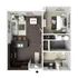Modern 2D floor plan featuring a cozy one-bedroom apartment with an open-concept kitchen and living area, ample storage, and a stylish bathroom.