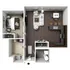 Modern open-plan apartment layout featuring one bedroom, spacious kitchen with island seating, cozy living area, and bathroom. Stylish design with dark wood flooring and ample storage.