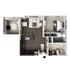 Modern 2D floor plan depicting a cozy one-bedroom apartment with a stylish open-concept living room and kitchen, featuring high-end finishes and a private study room.