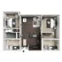 Modern 3D floor plan depicting two spacious bedrooms, each with attached bathroom, an open kitchen with island seating, and a cozy living area with chic furnishings.