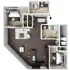 Contemporary 3D floor plan featuring two bedrooms, an open-concept living room with stylish hardwood flooring, and a modern kitchen with a breakfast bar.