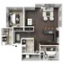Modern 3D floor plan featuring two spacious bedrooms, elegant living area, open-concept kitchen with island, and luxurious bathroom. Ideal for contemporary living.