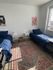 Inviting bedroom with natural light, featuring two cozy blue beds, elegant decor, and a vintage patterned rug.