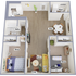Charming 3D floor plan featuring two cozy bedrooms, a modern kitchen, a stylish dining area, and a spacious living room for relaxation. Includes a convenient wash area and ample storage space.