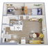 Chic floor plan showcasing 2 bedrooms, a modern kitchen, cozy living area, and convenient laundry space.