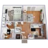 Inviting 1-bedroom furnished apartment floor plan with cozy living area, modern kitchen, and convenient storage spaces.