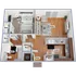 Modern furnished apartment floorplan featuring a spacious bedroom, stylish living room, gourmet kitchen with island, and elegant bathroom; includes welcome entryway and multiple storage spaces for convenience.