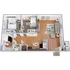 Modern furnished floorplan illustrating 2 spacious bedrooms, open living area, and sleek kitchen featuring hardwood floors.