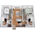 Modern furnished floorplan showcasing a welcoming two-bedroom apartment with open-concept living, stylish kitchen, and cozy living area, featuring ample storage and convenient amenities.