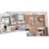 Bright furnished floorplan showcasing 2 cozy bedrooms, a stylish open living and dining area, modern kitchen, and two sleek bathrooms.