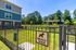 Pet-friendly apartment feature with fenced grassy area for small dogs, complete with a sign, lush surroundings, and modern architecture.