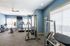 Modern gym with state-of-the-art equipment, sleek blue walls, and abundant natural light.