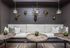 Chic modern lounge featuring artistic animal wall mounts, elegant gray seating, and rustic wooden tables with greenery.