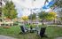 Charming outdoor space with modern chairs, string lights, and vibrant greenery, perfect for relaxation near the pool.