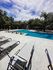 Inviting poolside oasis with sleek lounge chairs, surrounded by lush greenery under a beautiful blue sky.