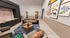 Chic contemporary living room with modern decor, featuring plush seating, striking artwork, and a stylish open layout.