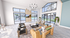 Modern living room with high ceilings, stylish chandelier, and large windows overlooking a pool, blending indoor comfort with outdoor views.