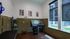 Modern pet grooming room with stylish green tile walls, stainless steel wash station, and natural light from large windows.