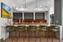 Elegant kitchen with modern pendant lighting, a sleek bar counter with green barstools, vibrant artwork, and sophisticated decor.