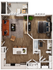 Modern 1-bedroom apartment floor plan with open-concept living area, stylish kitchen with island, cozy balcony, and spacious bathroom.
