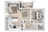 Modern 3D apartment floor plan featuring an open-concept living area, a spacious bedroom, sleek kitchen with breakfast bar, and a sunroom or patio for relaxation.