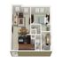 Modern 3D apartment floor plan with two bedrooms, cozy living room, compact kitchen, and a well-lit bathroom.
