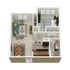 Charming open-concept floor plan featuring a cozy living area, modern kitchen with island, dining space, and a spacious bedroom with en-suite bathroom.