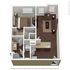 Charming 1-bedroom apartment floor plan featuring an elegant living room, spacious kitchen with granite countertops, and a stylish bathroom.