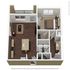 Chic and modern 3D floor plan of a stylish apartment featuring 1 bedroom, a spacious living area with a balcony, and a sleek kitchen with an island.